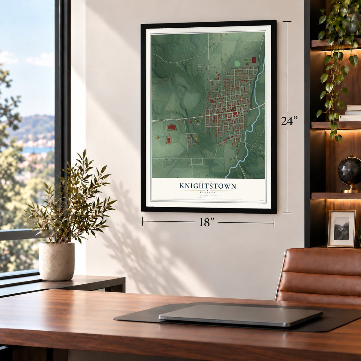 Knightstown, Indiana map, 18 x 24 inch print in a black frame in a home office