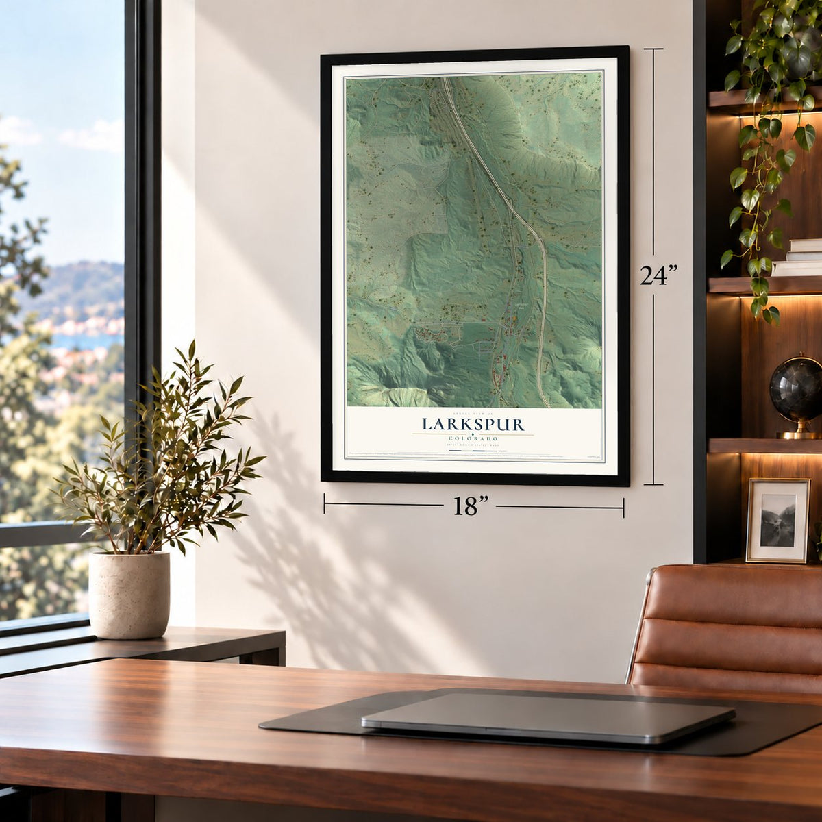 Larkspur, Colorado map, 18 x 24 inch print in a black frame in a home office