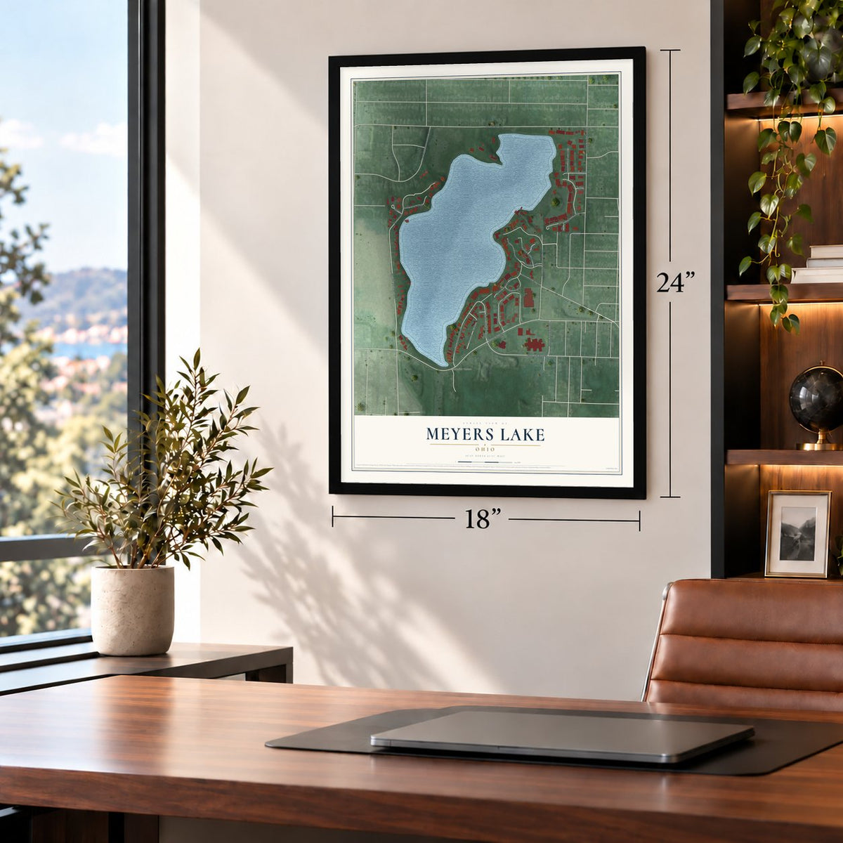 Meyers Lake, Ohio map, 18 x 24 inch print in a black frame in a home office