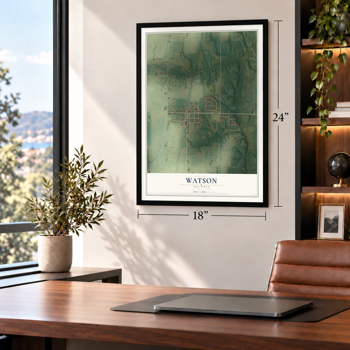 Watson, Illinois map, 18 x 24 inch print in a black frame in a home office