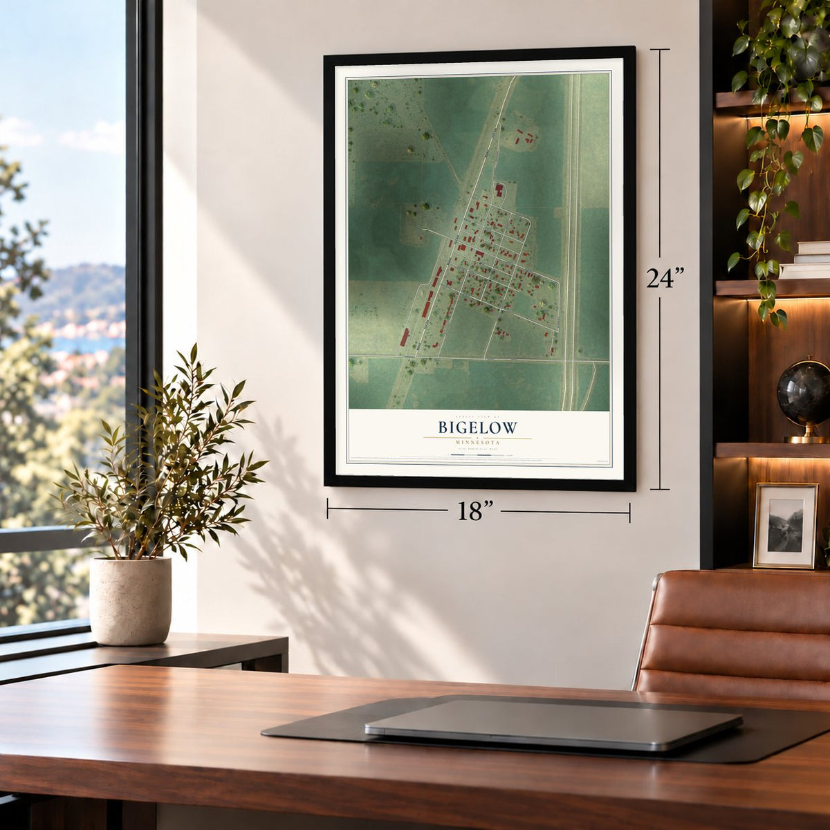 Bigelow, Minnesota map, 18 x 24 inch print in a black frame in a home office