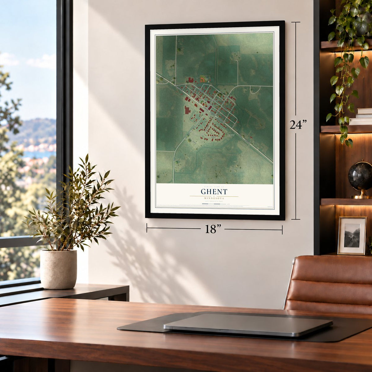 Ghent, Minnesota map, 18 x 24 inch print in a black frame in a home office