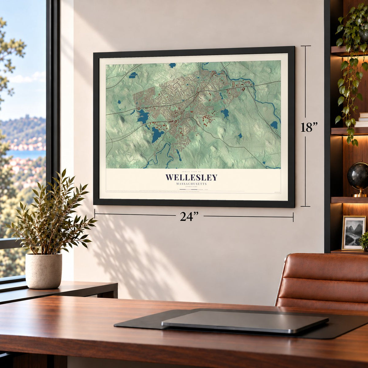 Wellesley, Massachusetts map, 18 x 24 inch print in a black frame in a home office