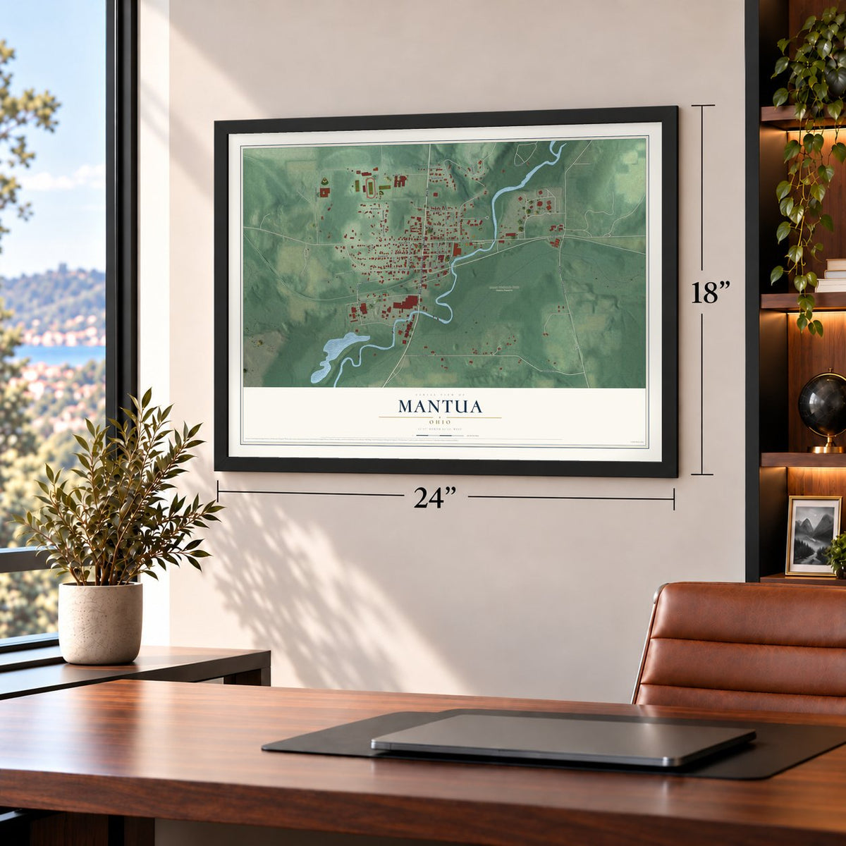 Mantua, Ohio map, 18 x 24 inch print in a black frame in a home office