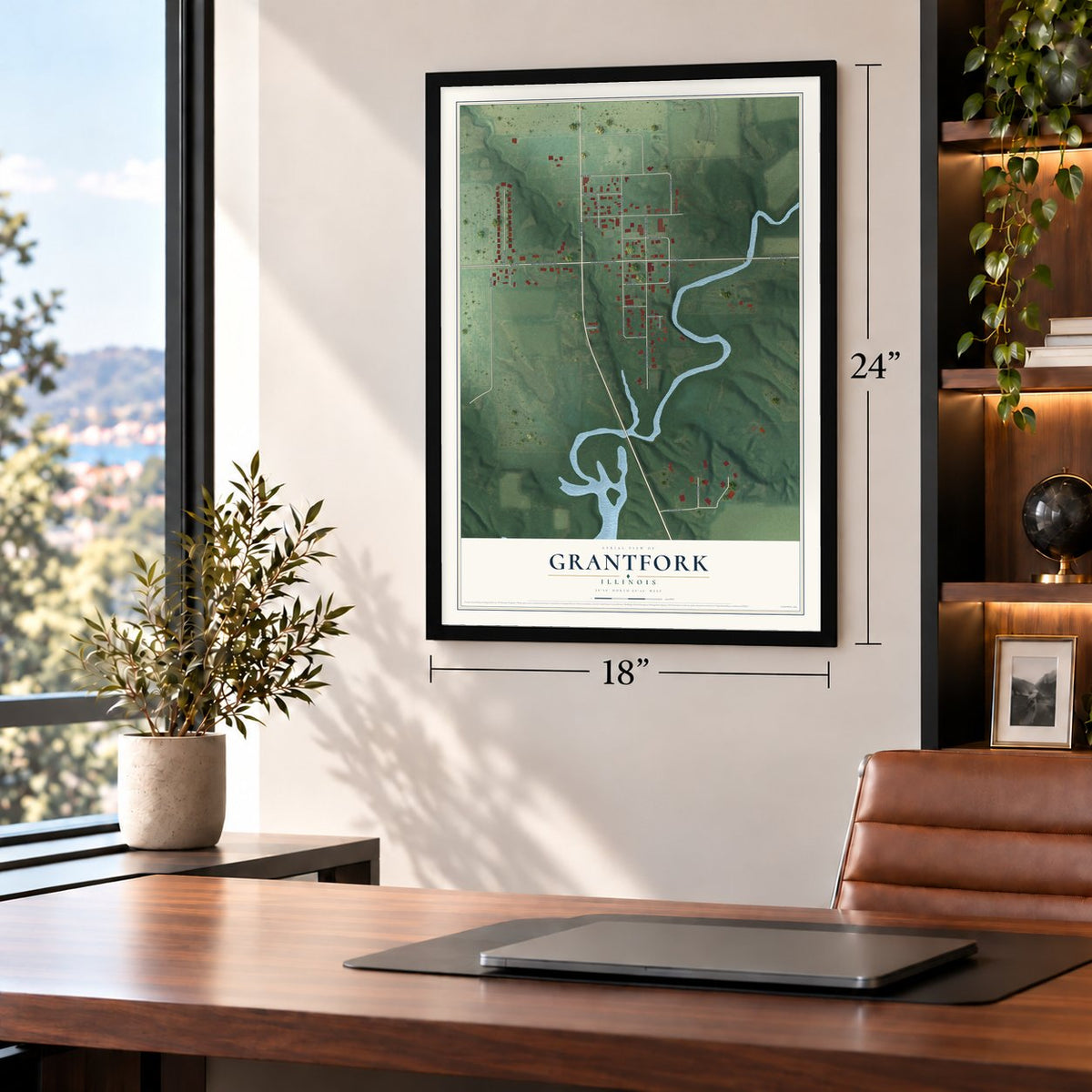 Grantfork, Illinois map, 18 x 24 inch print in a black frame in a home office
