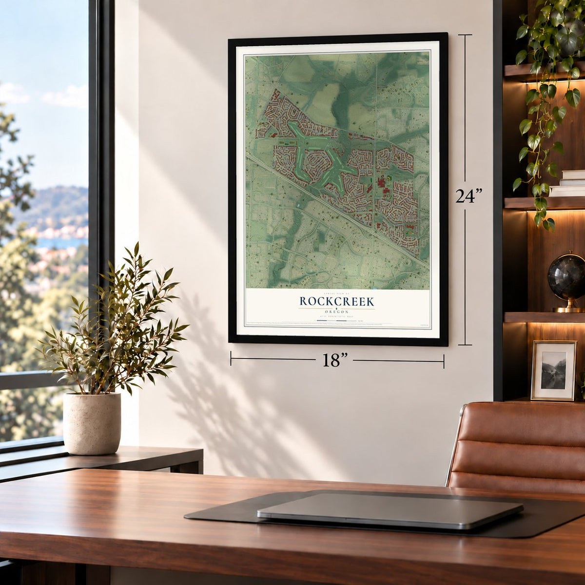 Rockcreek, Oregon map, 18 x 24 inch print in a black frame in a home office