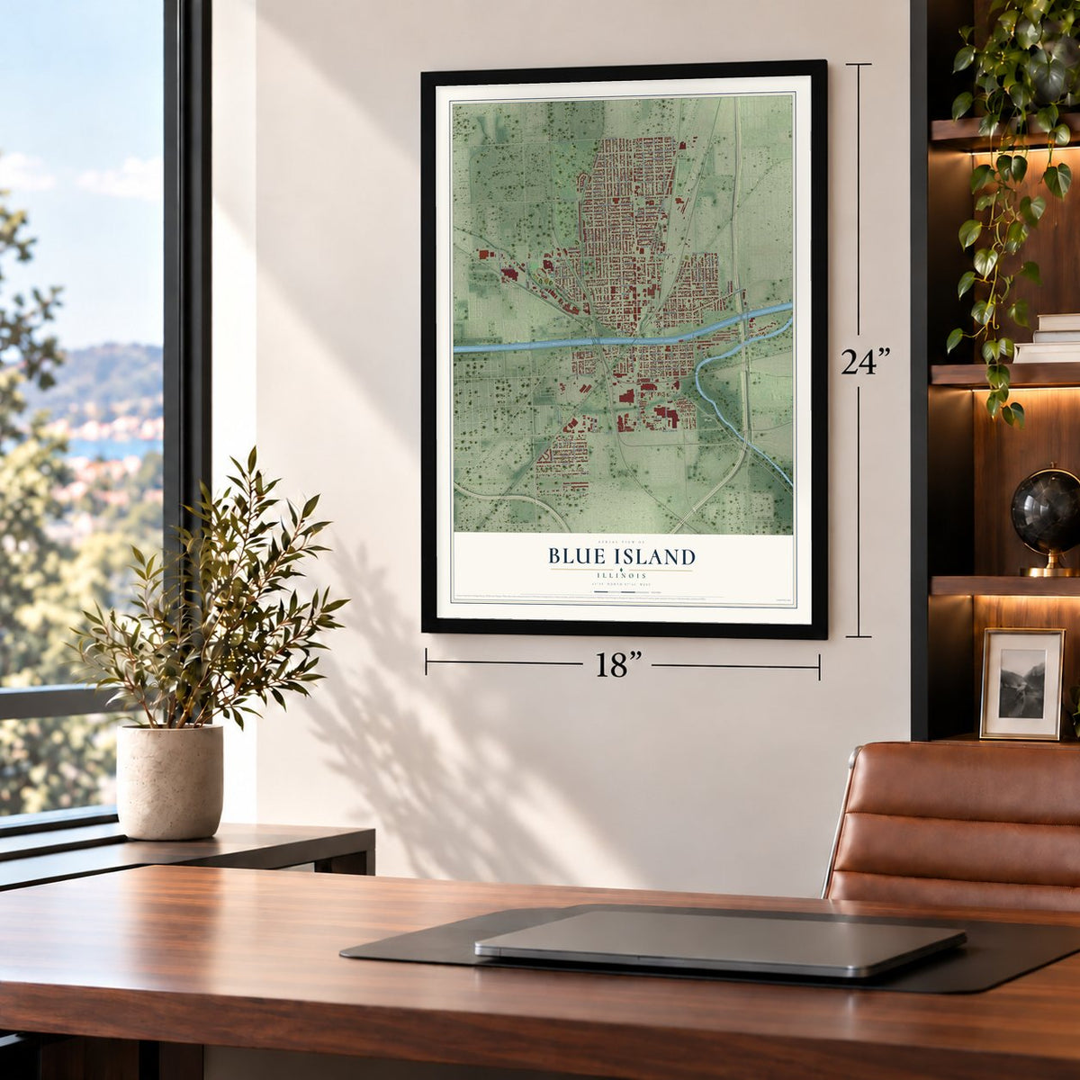 Blue Island, Illinois map, 18 x 24 inch print in a black frame in a home office