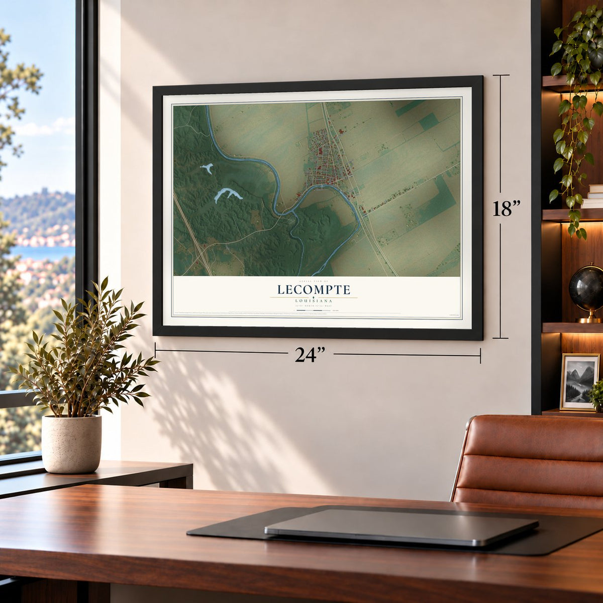 Lecompte, Louisiana map, 18 x 24 inch print in a black frame in a home office