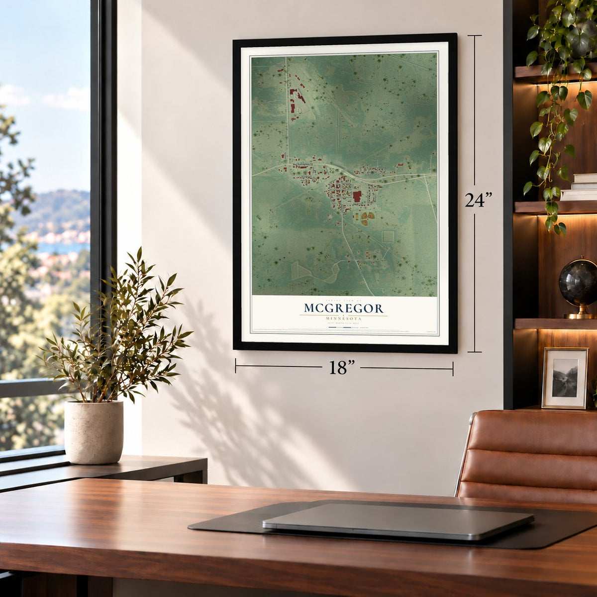 McGregor, Minnesota map, 18 x 24 inch print in a black frame in a home office