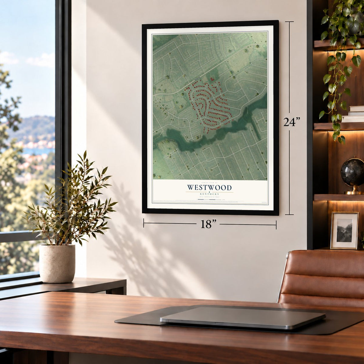 Westwood, Kentucky map, 18 x 24 inch print in a black frame in a home office