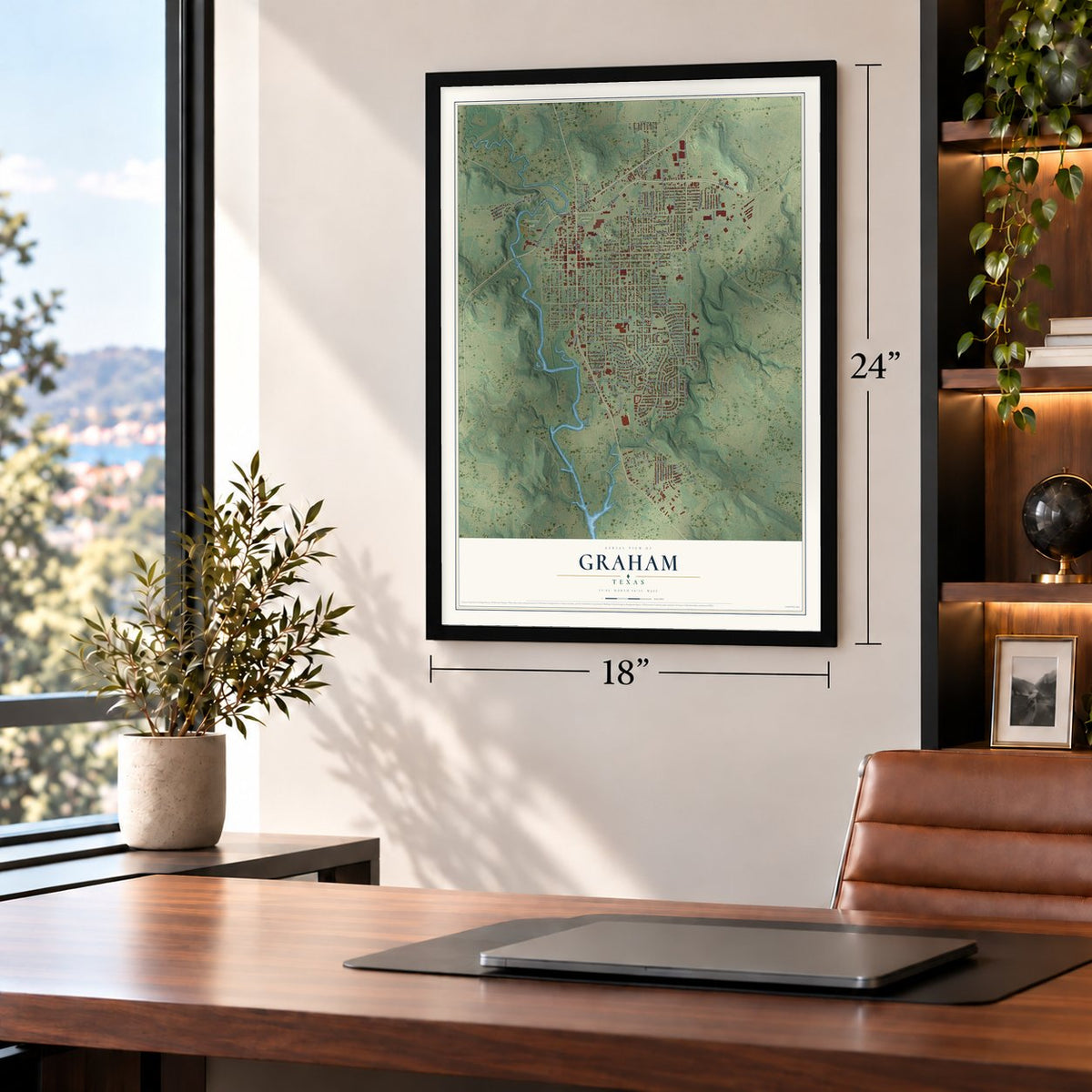 Graham, Texas map, 18 x 24 inch print in a black frame in a home office
