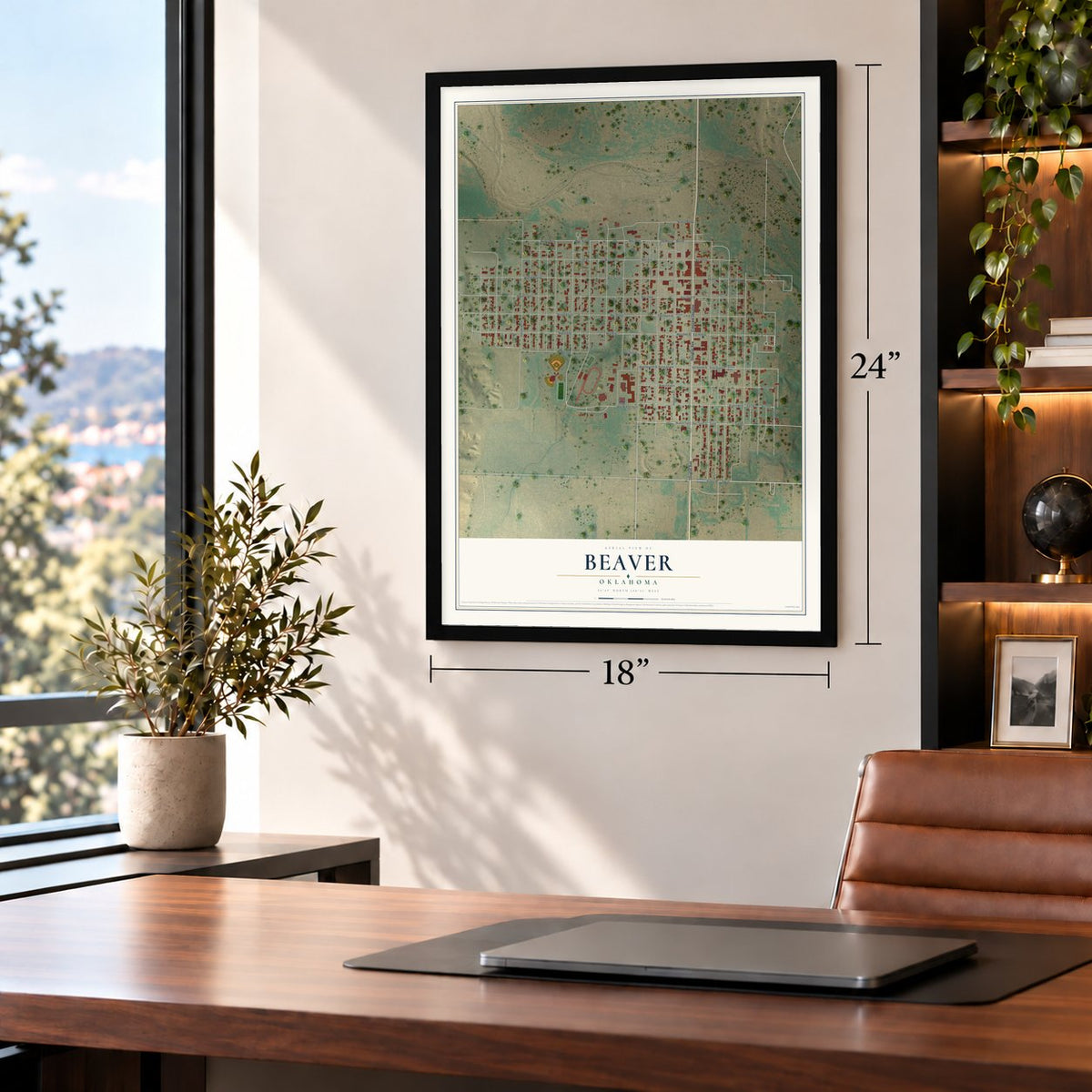 Beaver, Oklahoma map, 18 x 24 inch print in a black frame in a home office