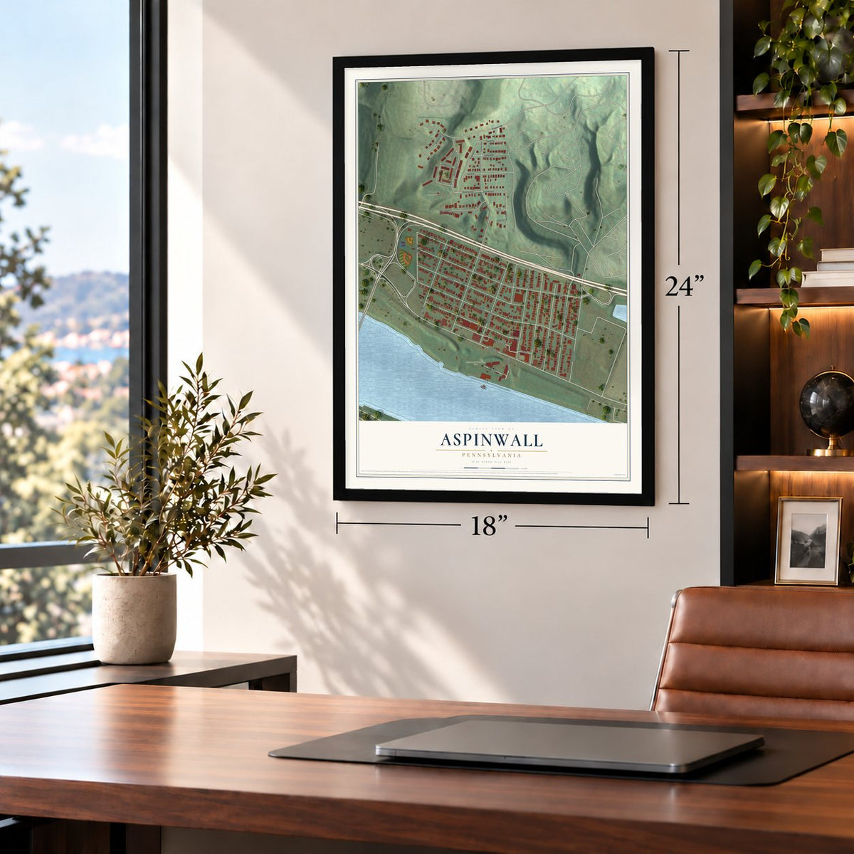 Aspinwall, Pennsylvania map, 18 x 24 inch print in a black frame in a home office