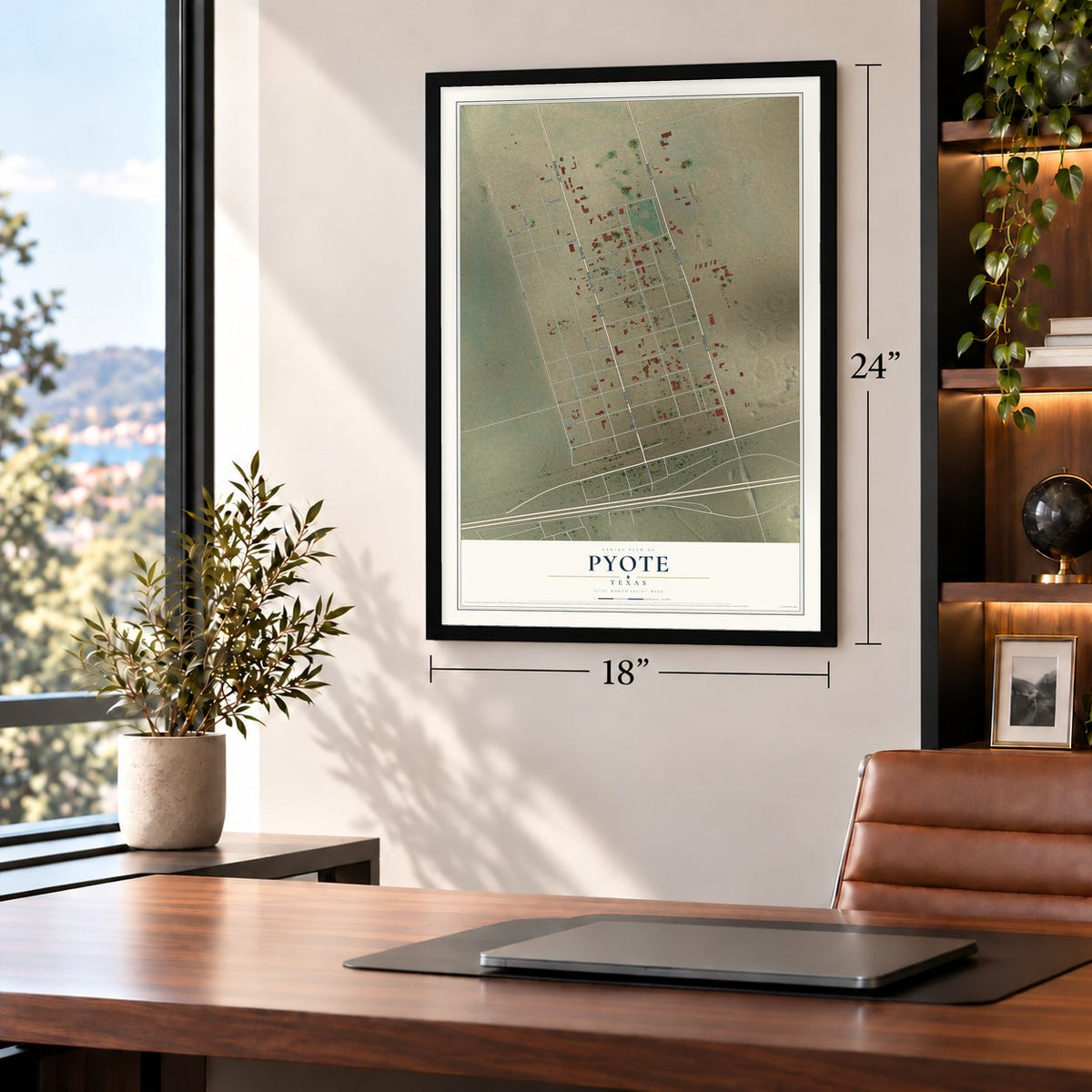 Pyote, Texas map, 18 x 24 inch print in a black frame in a home office