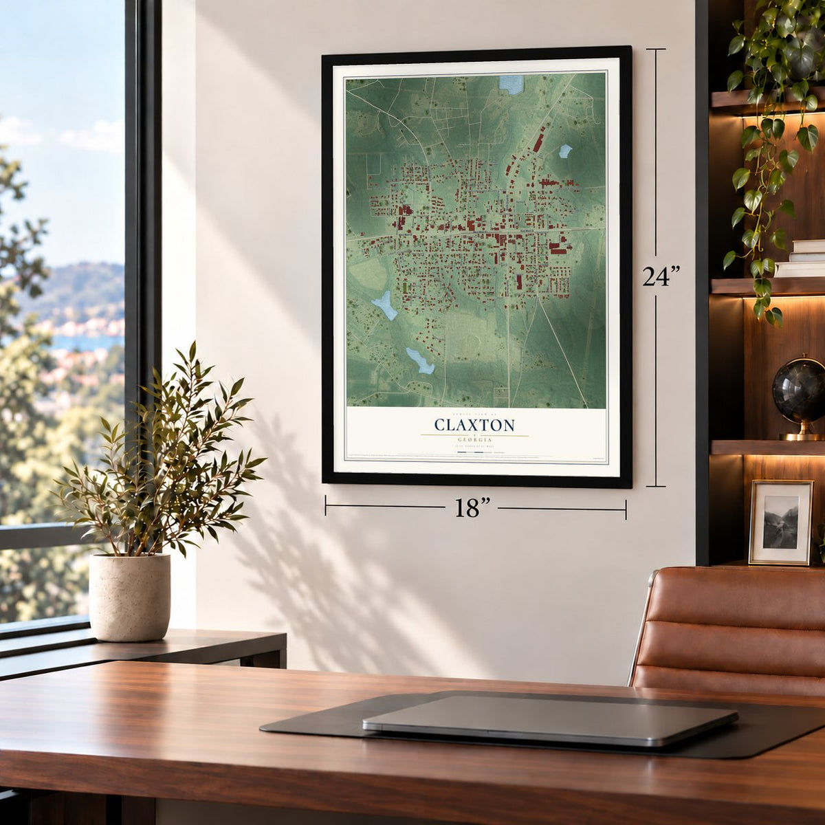 Claxton, Georgia map, 18 x 24 inch print in a black frame in a home office