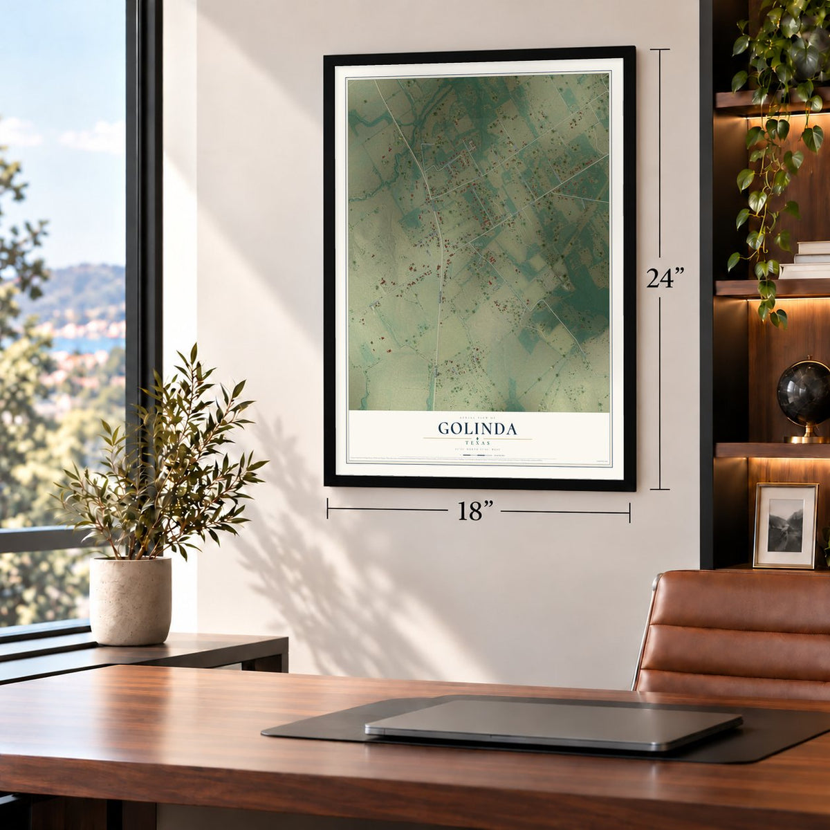 Golinda, Texas map, 18 x 24 inch print in a black frame in a home office