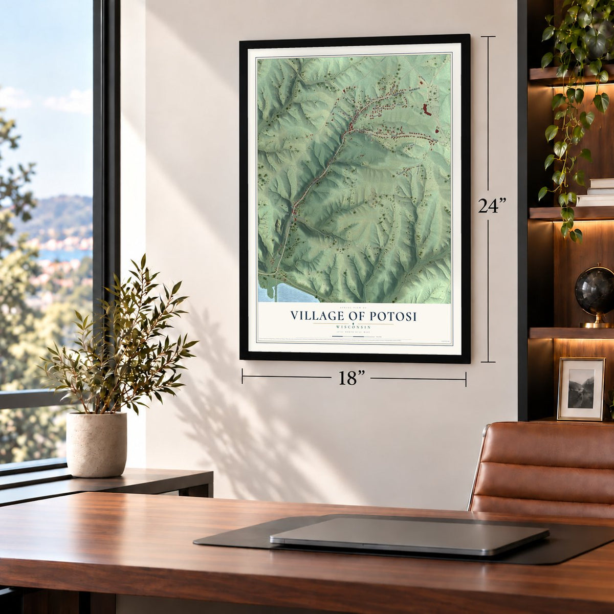 Potosi, Wisconsin map, 18 x 24 inch print in a black frame in a home office