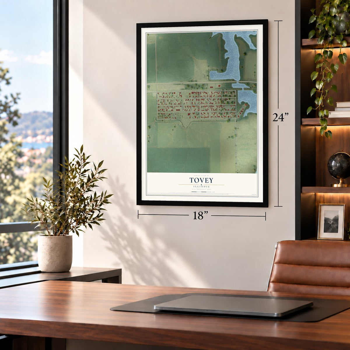 Tovey, Illinois map, 18 x 24 inch print in a black frame in a home office