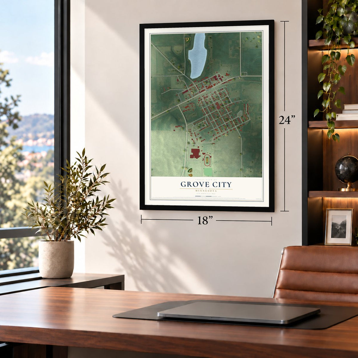 Grove City, Minnesota map, 18 x 24 inch print in a black frame in a home office