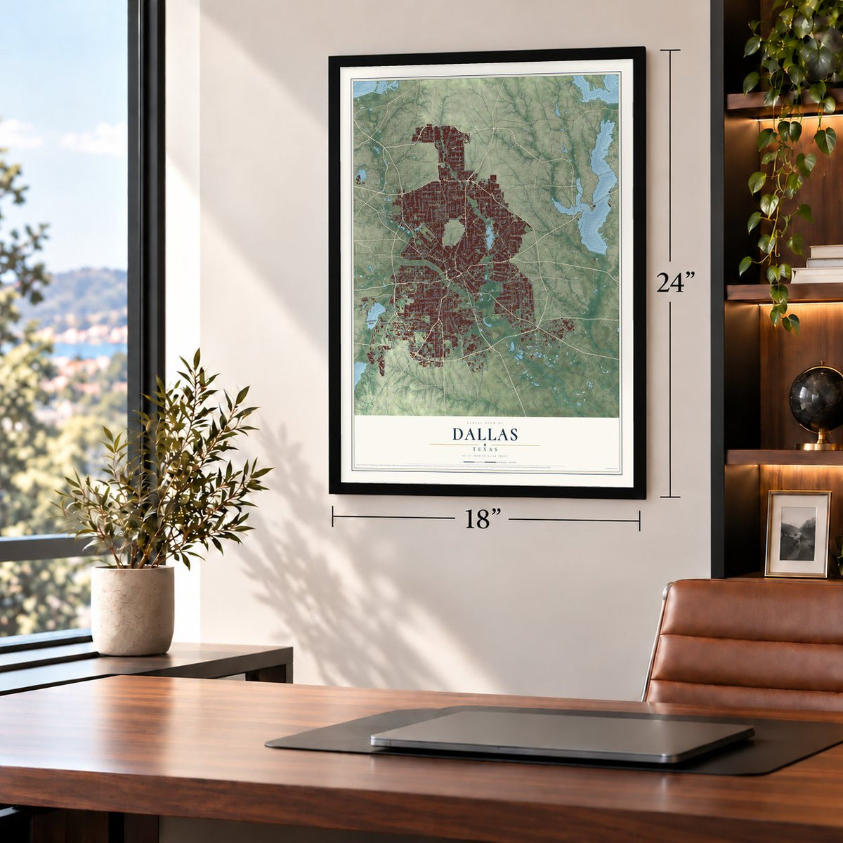 Dallas, Texas map, 18 x 24 inch print in a black frame in a home office