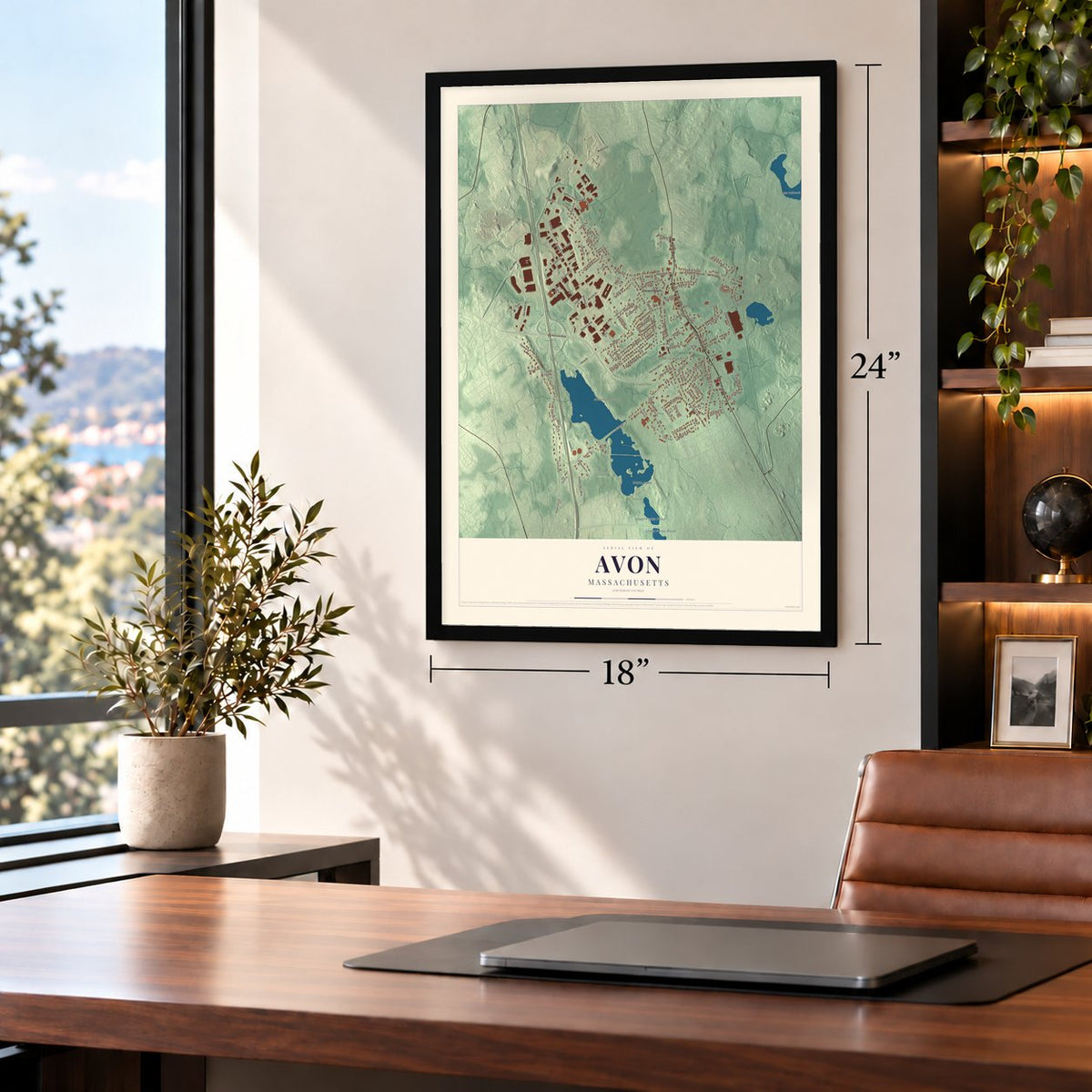 Avon, Massachusetts map, 18 x 24 inch print in a black frame in a home office