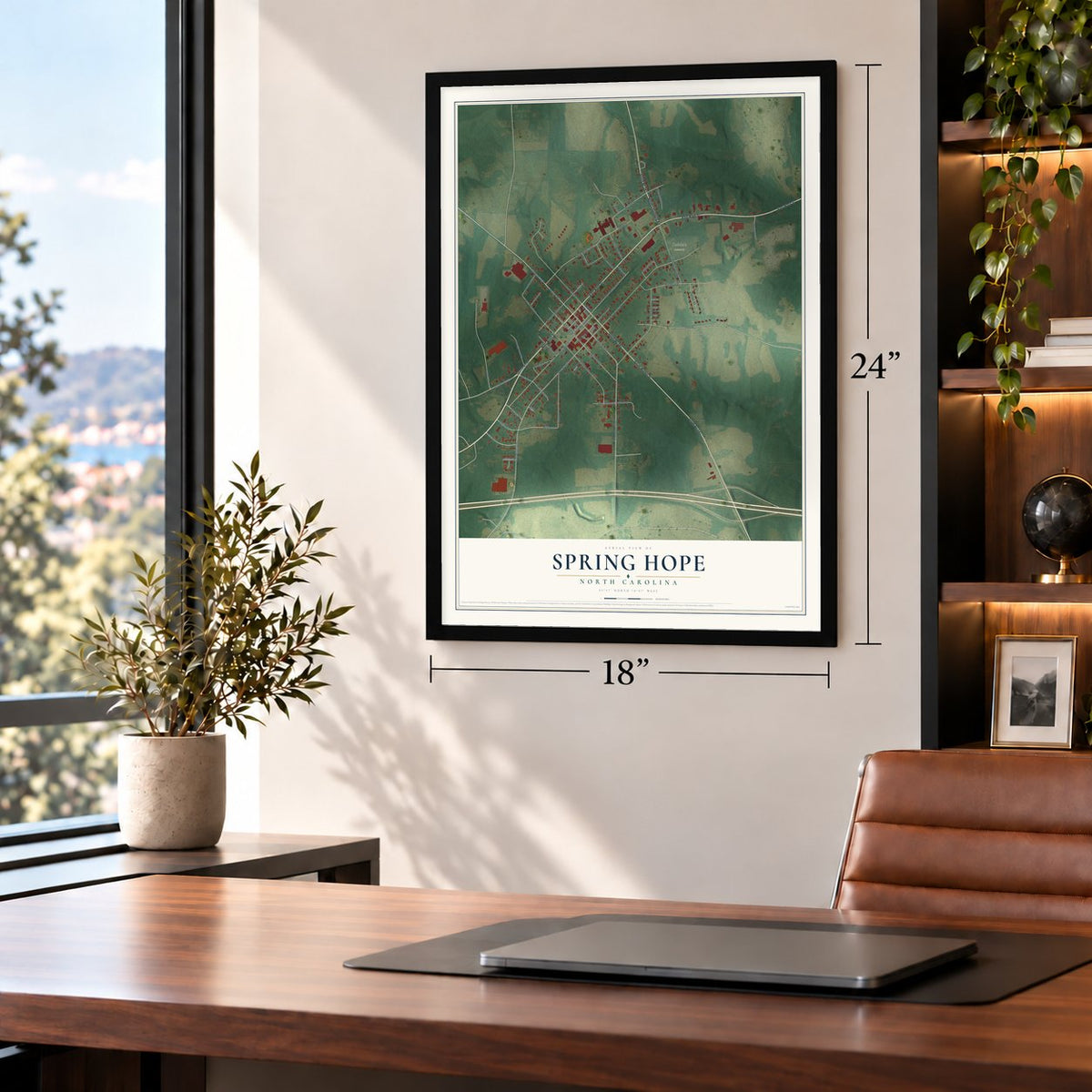 Spring Hope, North Carolina map, 18 x 24 inch print in a black frame in a home office