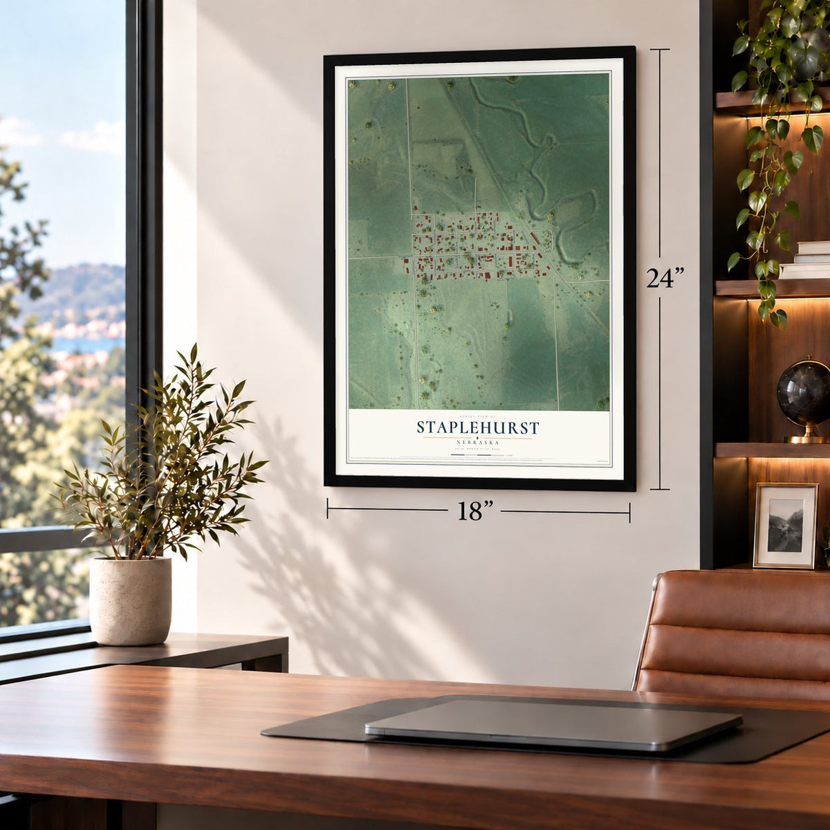 Staplehurst, Nebraska map, 18 x 24 inch print in a black frame in a home office