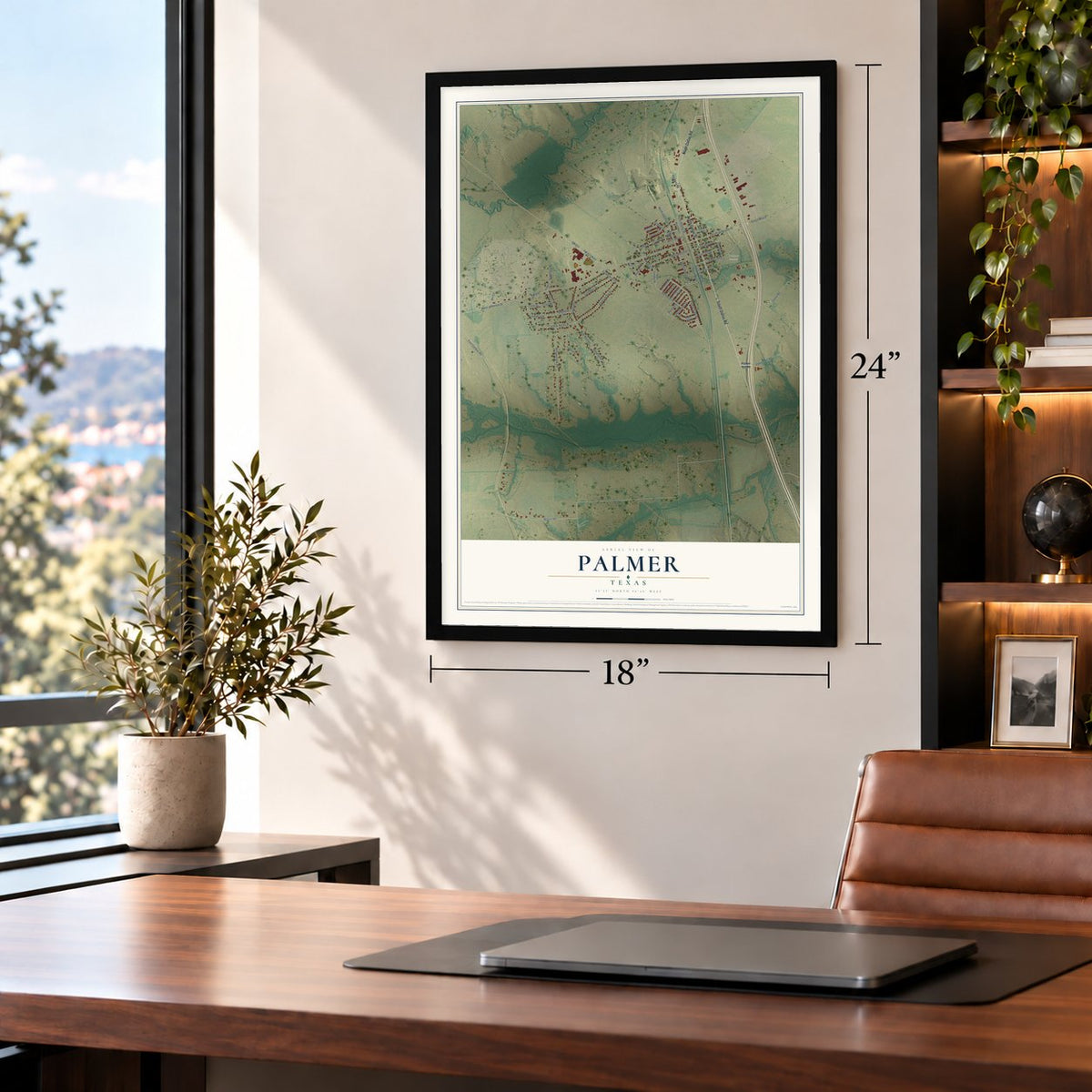 Palmer, Texas map, 18 x 24 inch print in a black frame in a home office