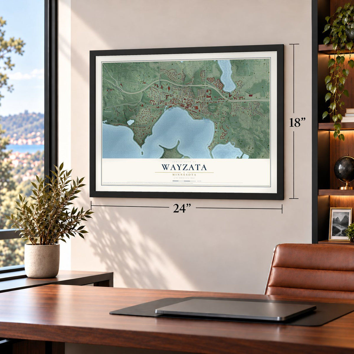 Wayzata, Minnesota map, 18 x 24 inch print in a black frame in a home office