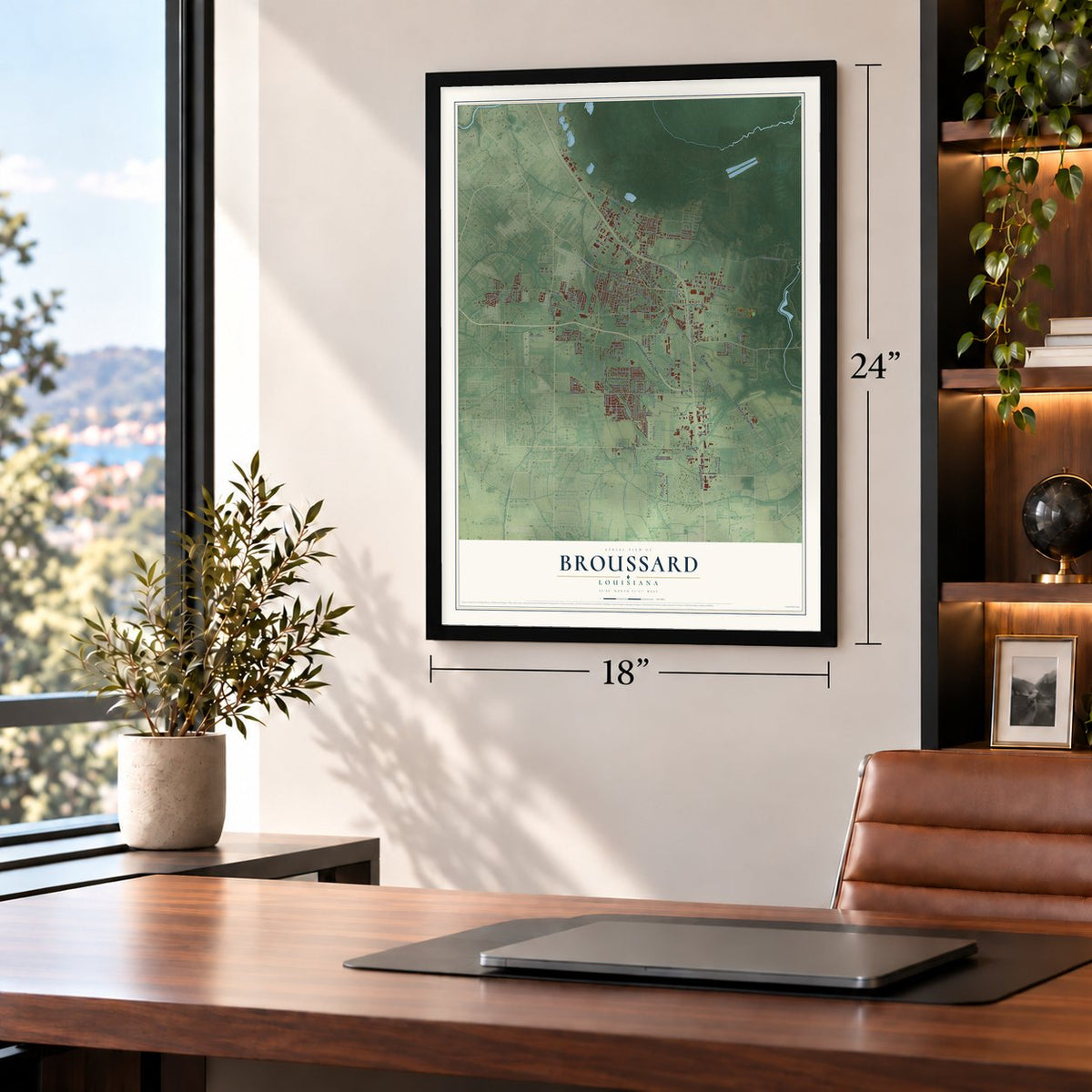 Broussard, Louisiana map, 18 x 24 inch print in a black frame in a home office