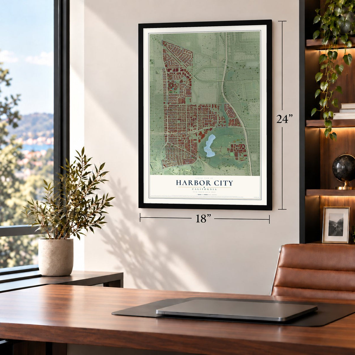Harbor City, California map, 18 x 24 inch print in a black frame in a home office
