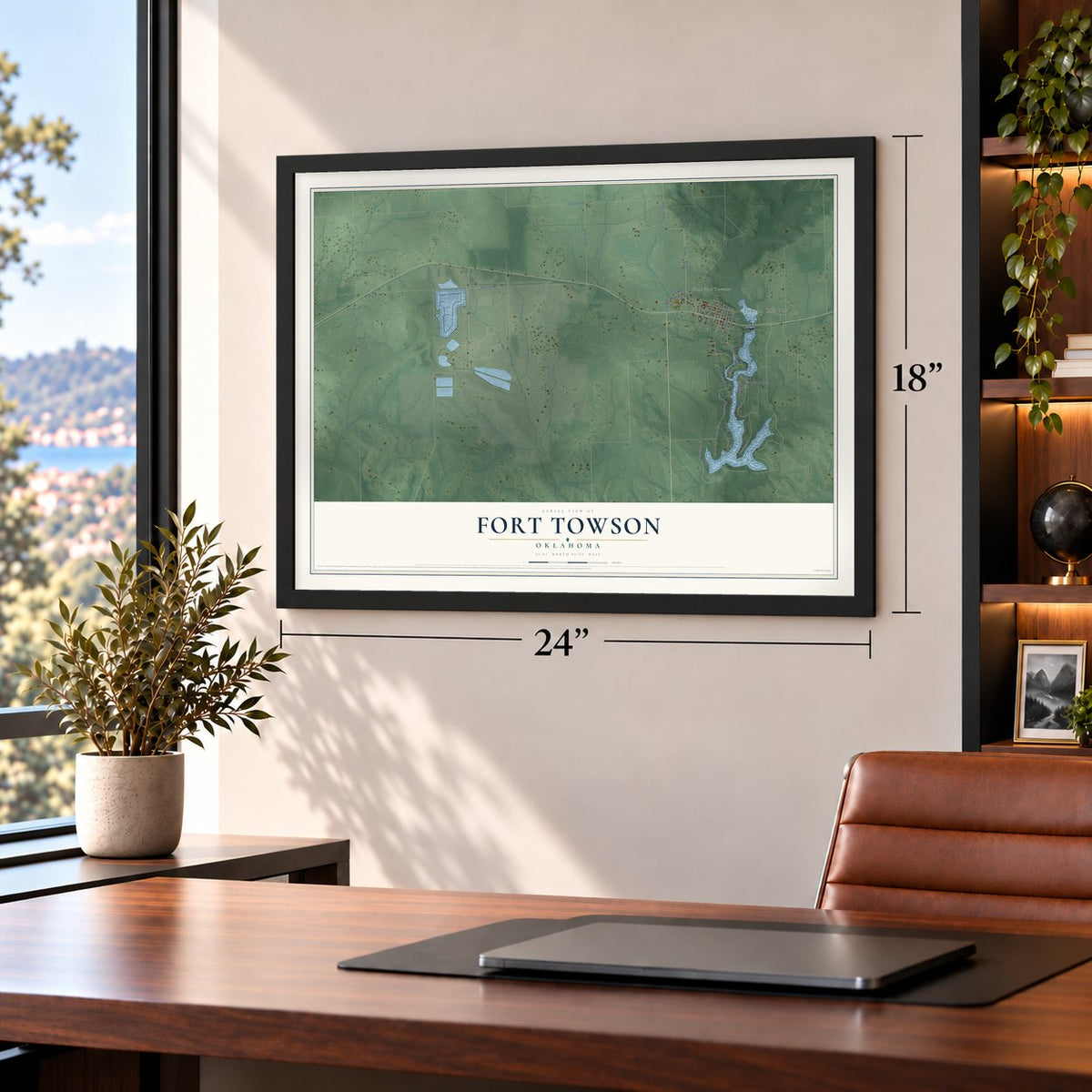 Fort Towson, Oklahoma map, 18 x 24 inch print in a black frame in a home office