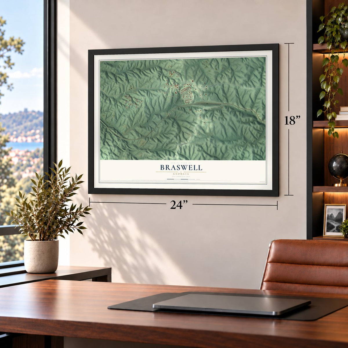 Braswell, Georgia map, 18 x 24 inch print in a black frame in a home office