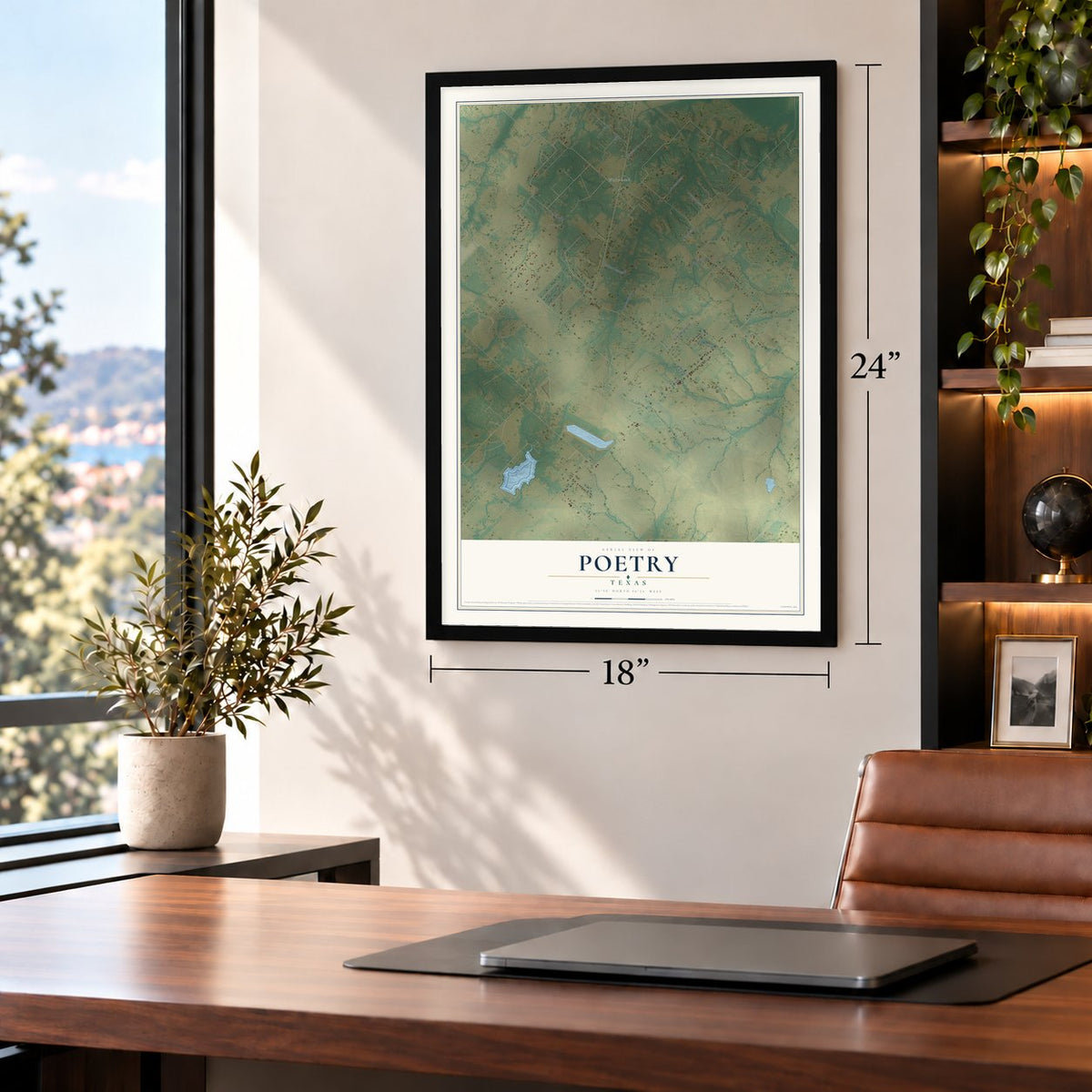 Poetry, Texas map, 18 x 24 inch print in a black frame in a home office