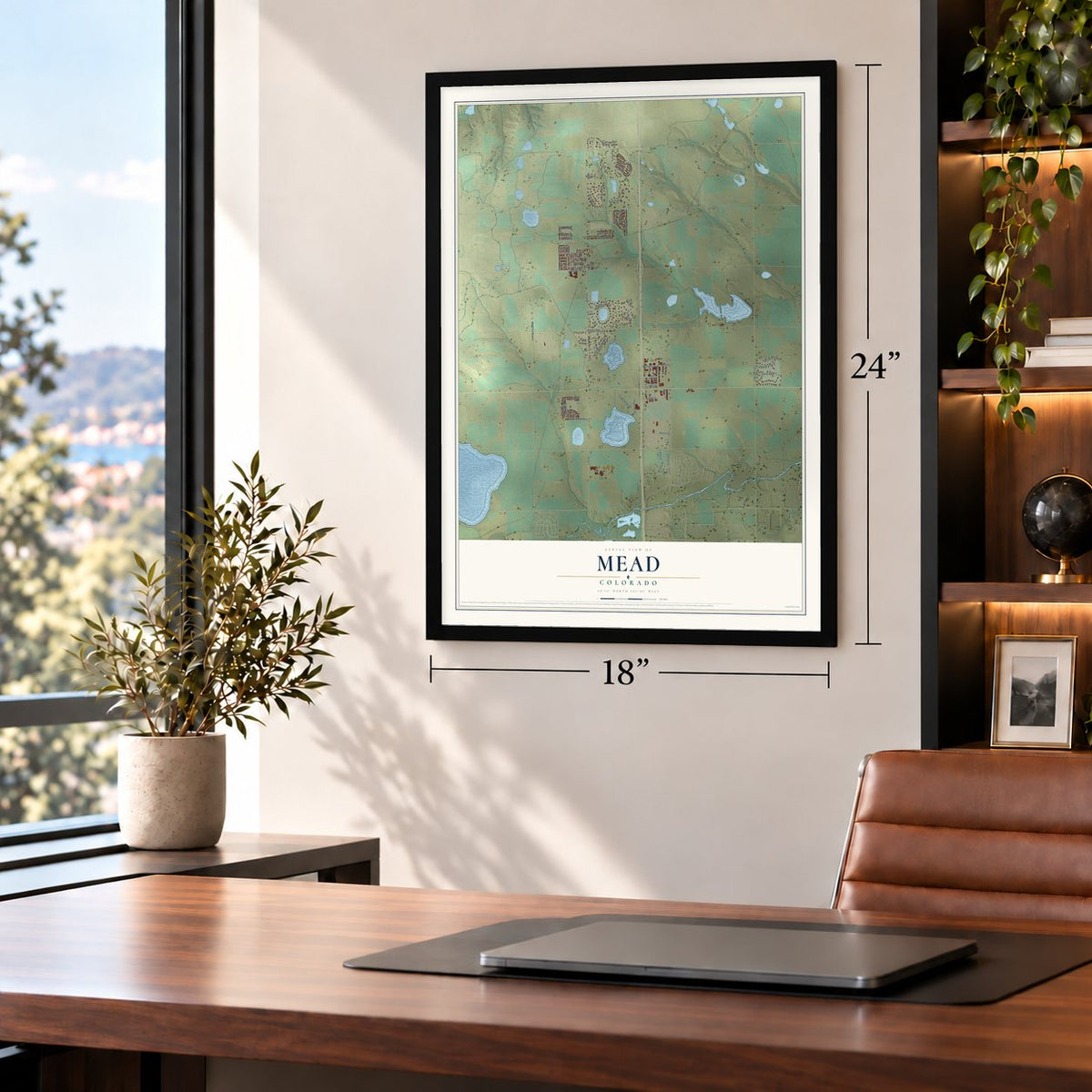 Mead, Colorado map, 18 x 24 inch print in a black frame in a home office