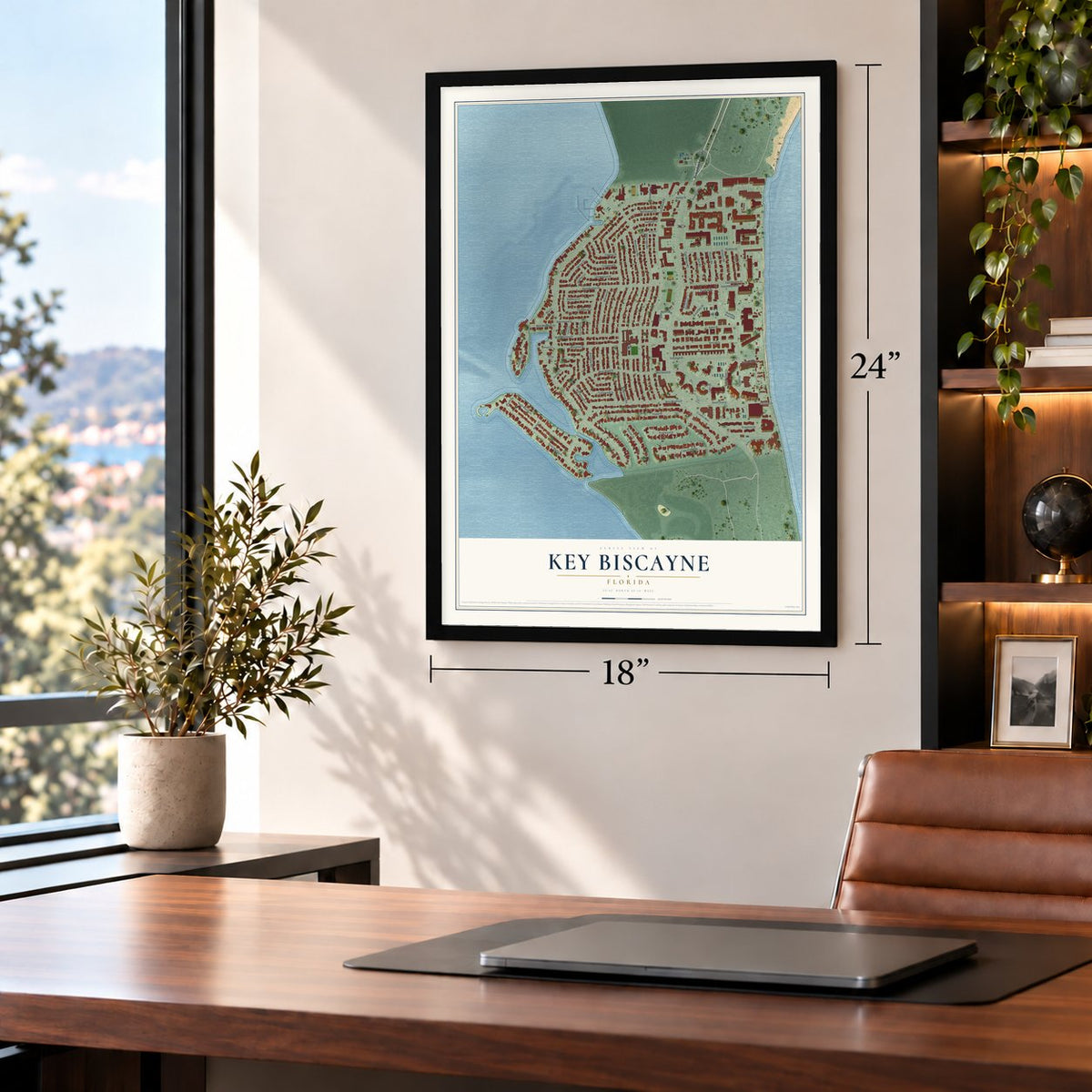 Key Biscayne, Florida map, 18 x 24 inch print in a black frame in a home office