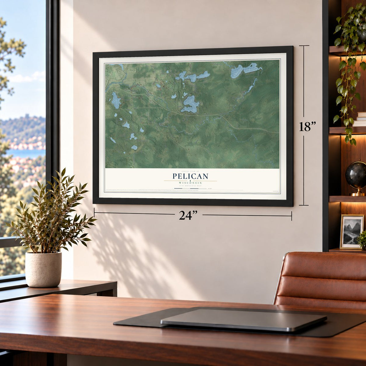 Pelican, Wisconsin map, 18 x 24 inch print in a black frame in a home office