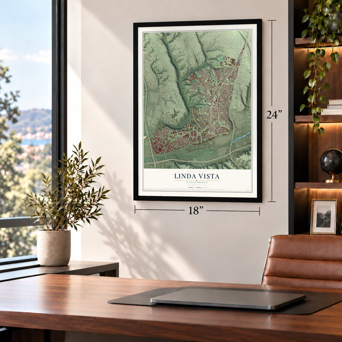 Linda Vista, California map, 18 x 24 inch print in a black frame in a home office