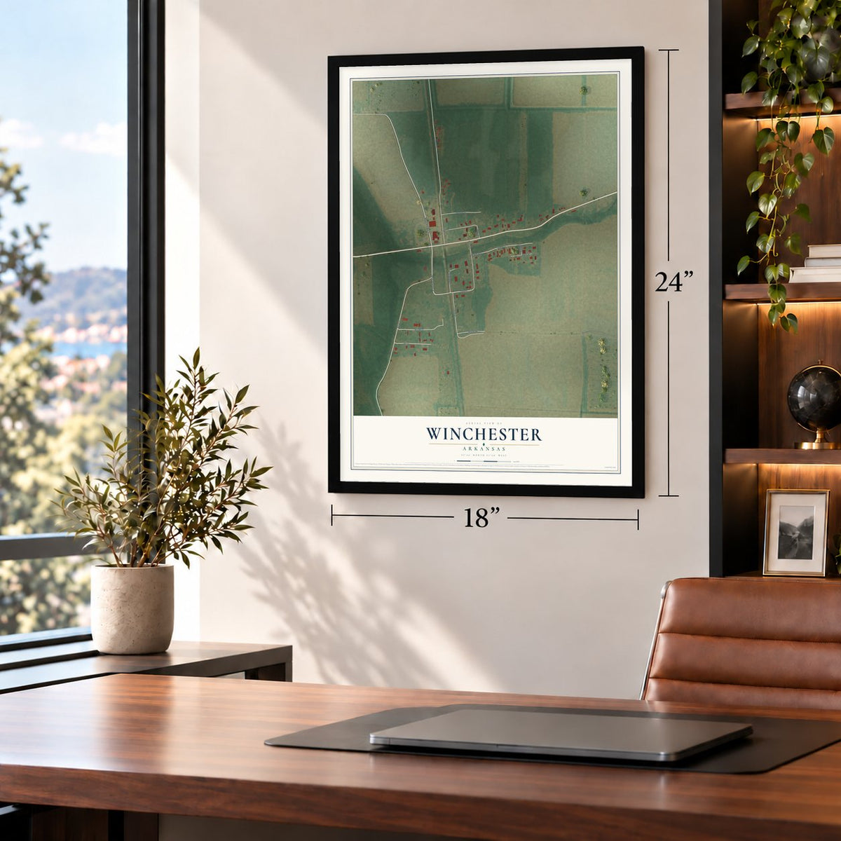 Winchester, Arkansas map, 18 x 24 inch print in a black frame in a home office