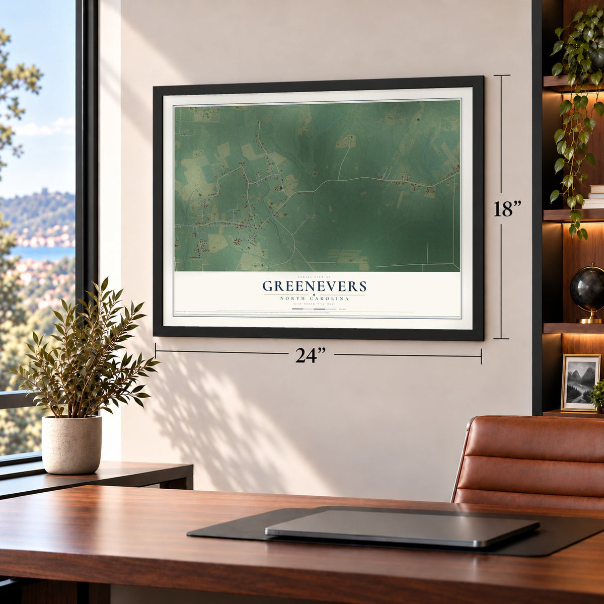 Greenevers, North Carolina map, 18 x 24 inch print in a black frame in a home office