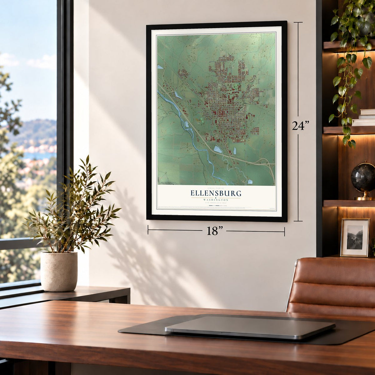 Ellensburg, Washington map, 18 x 24 inch print in a black frame in a home office