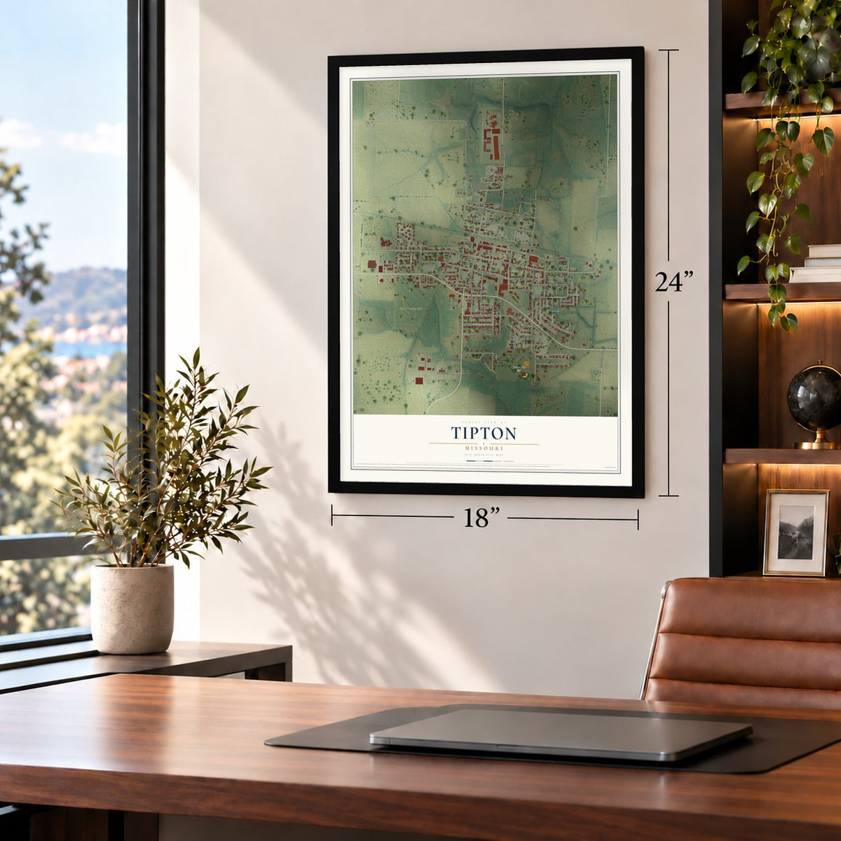 Tipton, Missouri map, 18 x 24 inch print in a black frame in a home office