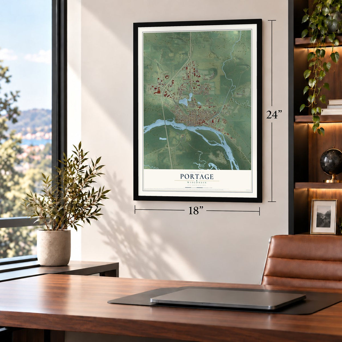 Portage, Wisconsin map, 18 x 24 inch print in a black frame in a home office