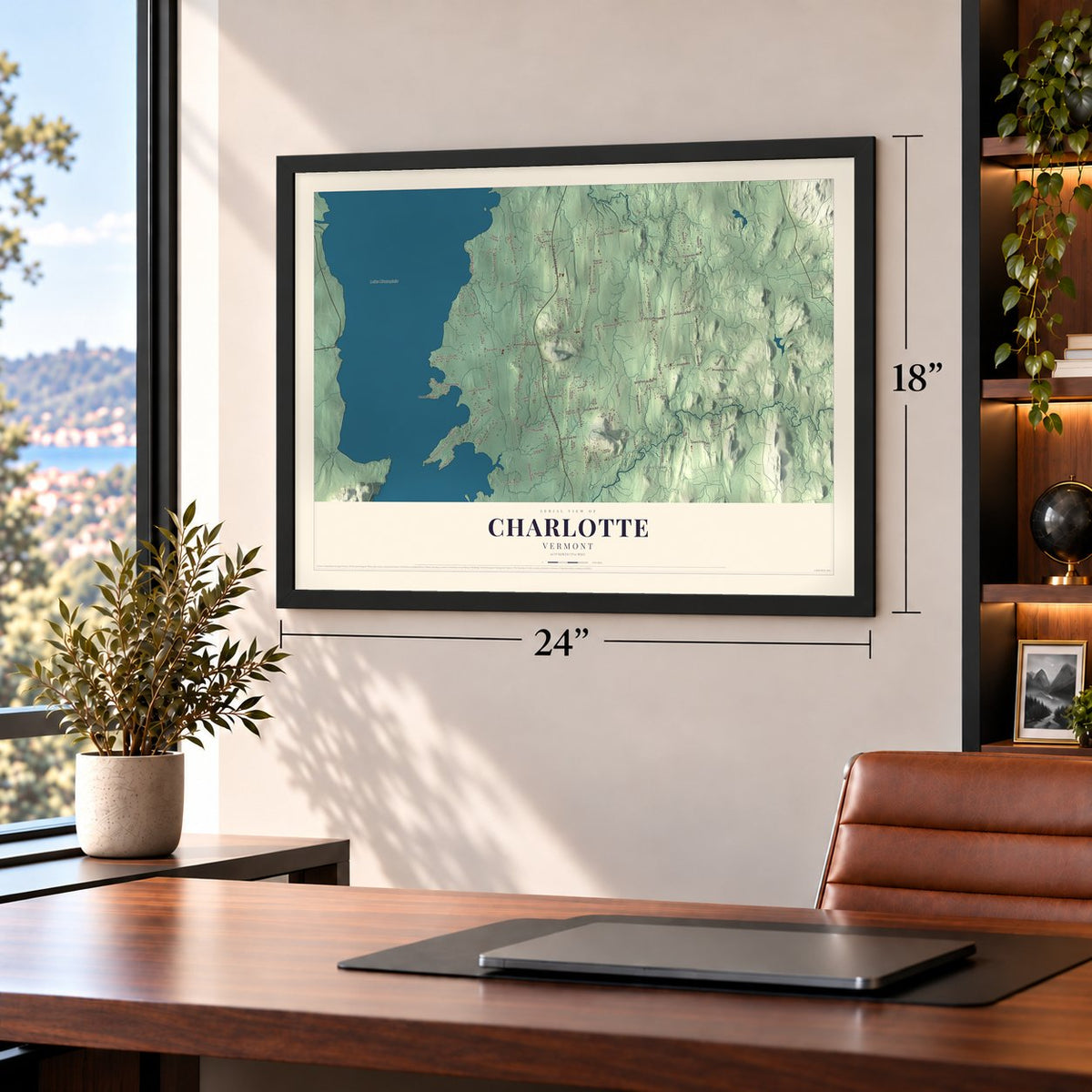 Charlotte, Vermont map, 18 x 24 inch print in a black frame in a home office