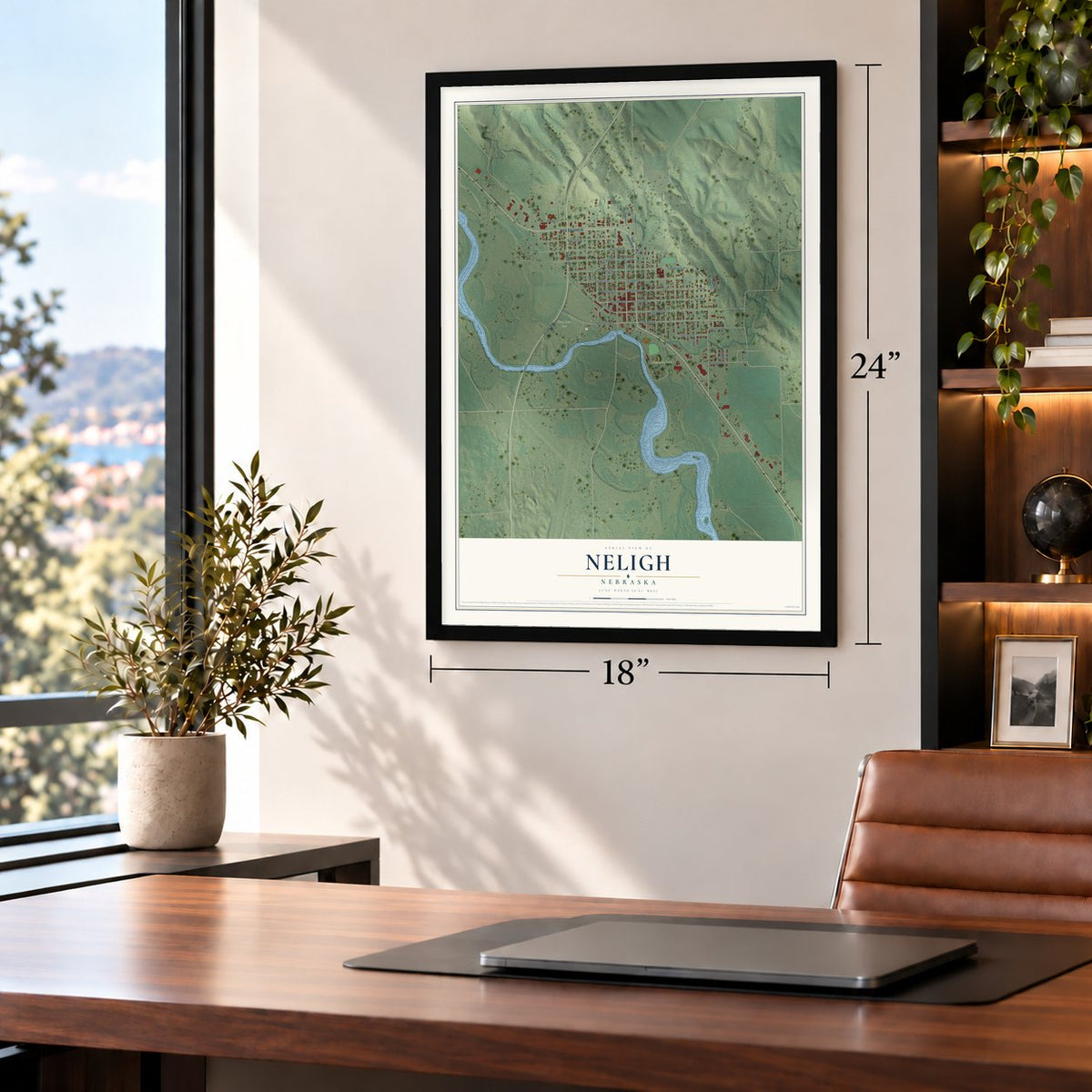 Neligh, Nebraska map, 18 x 24 inch print in a black frame in a home office