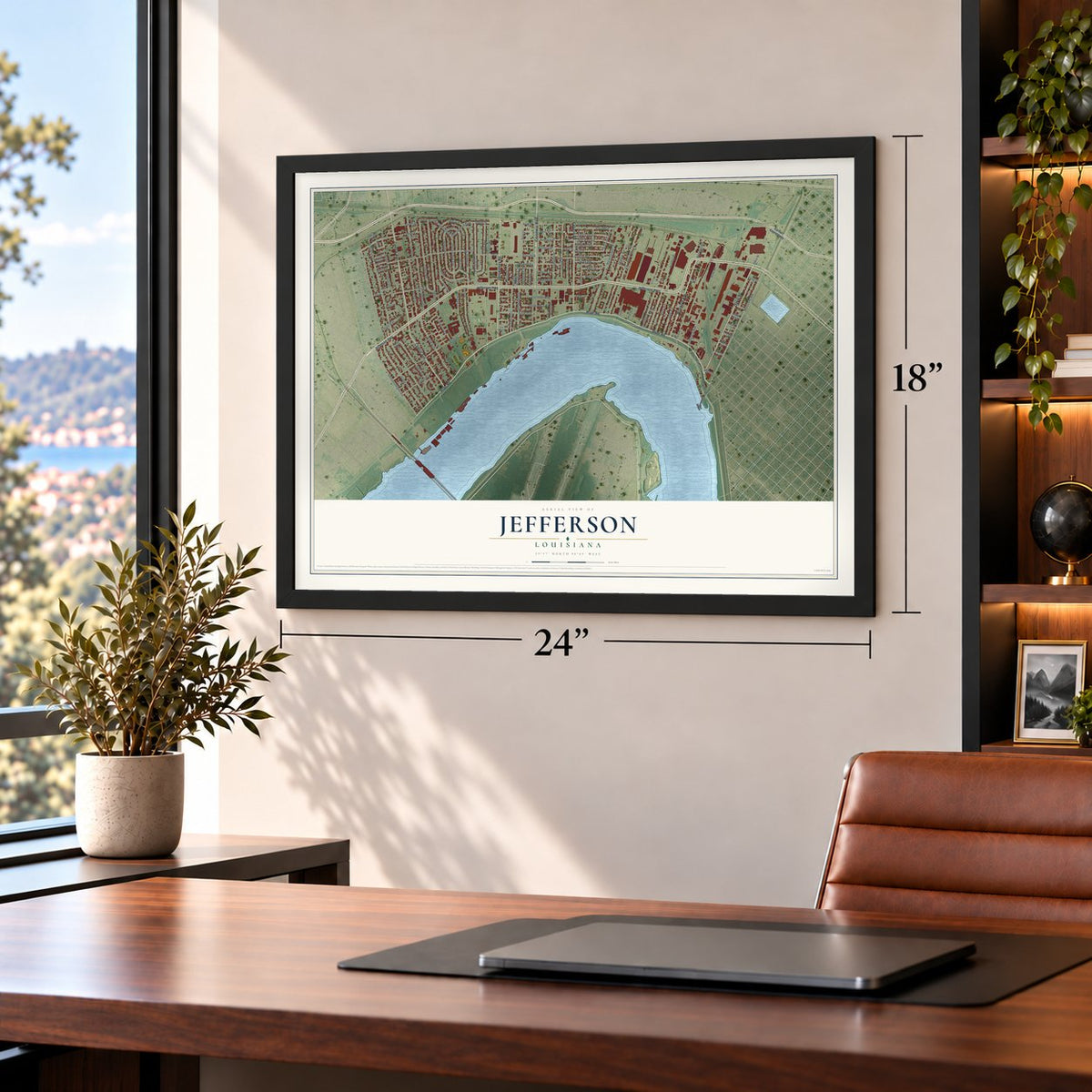 Jefferson, Louisiana map, 18 x 24 inch print in a black frame in a home office