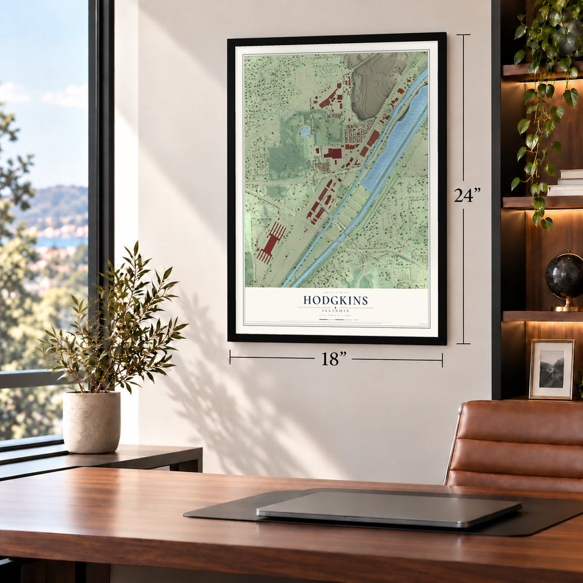 Hodgkins, Illinois map, 18 x 24 inch print in a black frame in a home office
