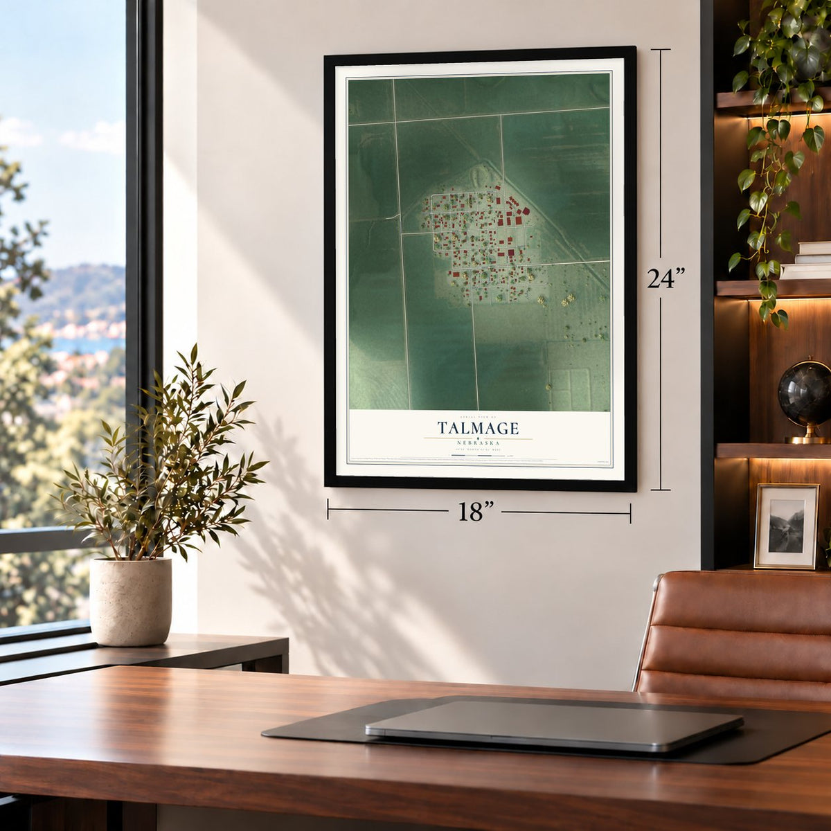 Talmage, Nebraska map, 18 x 24 inch print in a black frame in a home office