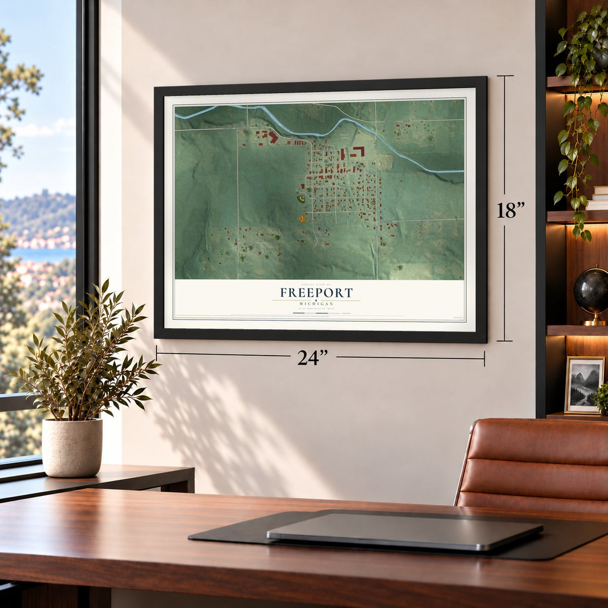 Freeport, Michigan map, 18 x 24 inch print in a black frame in a home office