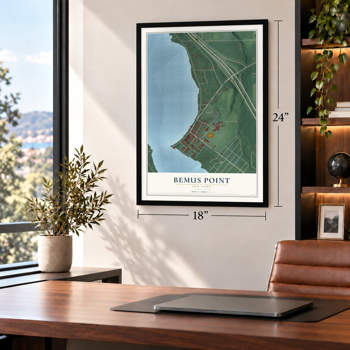 Bemus Point, New York map, 18 x 24 inch print in a black frame in a home office